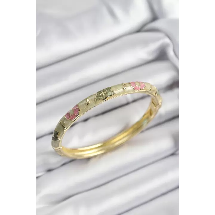 Mineli Pirinç Pembe Ve Yeşil Çiçek Motifli Gold Renk Kadın Kelepçe