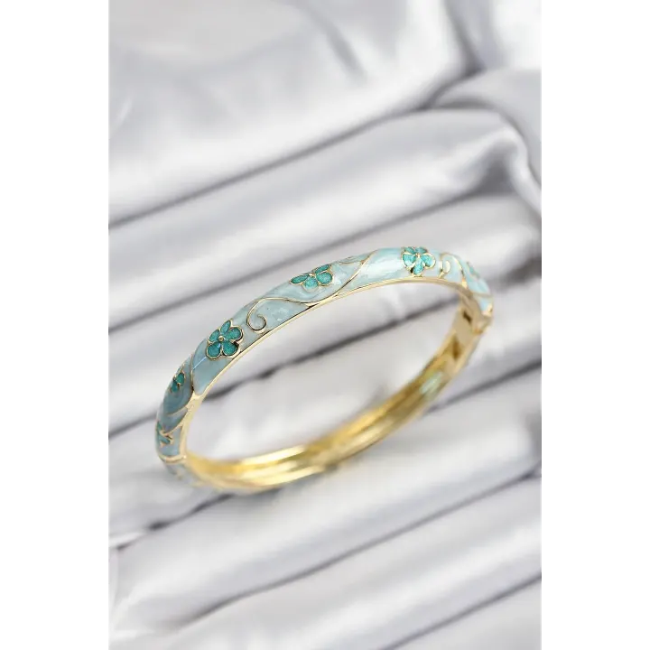 Mineli Pirinç Turkuaz Çiçek Motifli Gold Renk Kadın Kelepçe