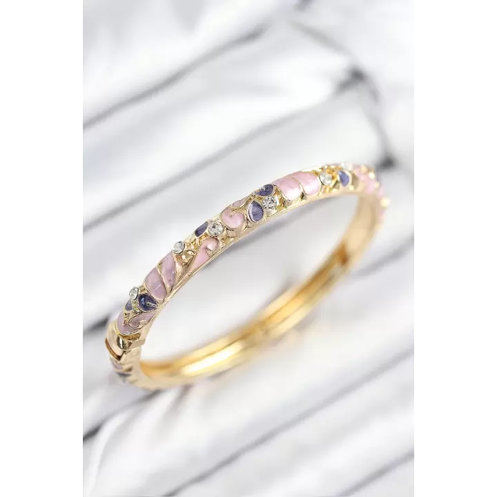Mineli Pirinç Zirkon Taşlı Fuşya Mor Çiçek Motifli Gold Kadın Kelepçe