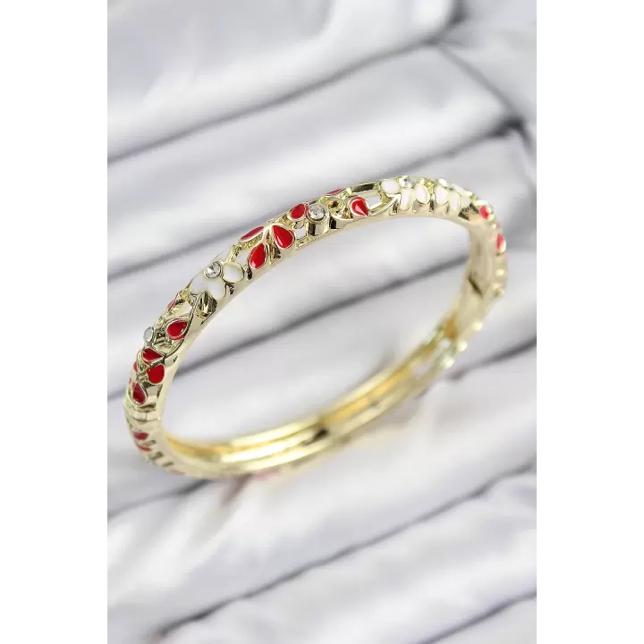 Mineli Pirinç Zirkon Taşlı Kırmızı Çiçek Motifli Gold Kadın Kelepçe
