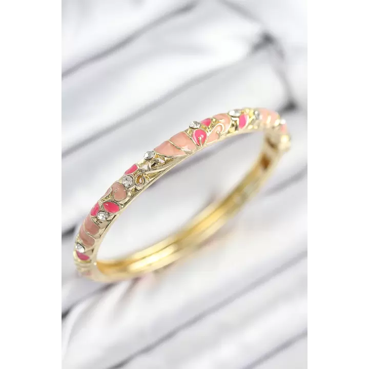 Mineli Pirinç Zirkon Taşlı Pembe Çiçek Motifli Gold Kadın Kelepçe