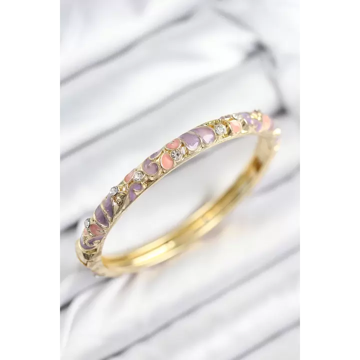 Mineli Pirinç Zirkon Taşlı Pembe Mor Çiçek Motifli Gold Kadın Kelepçe
