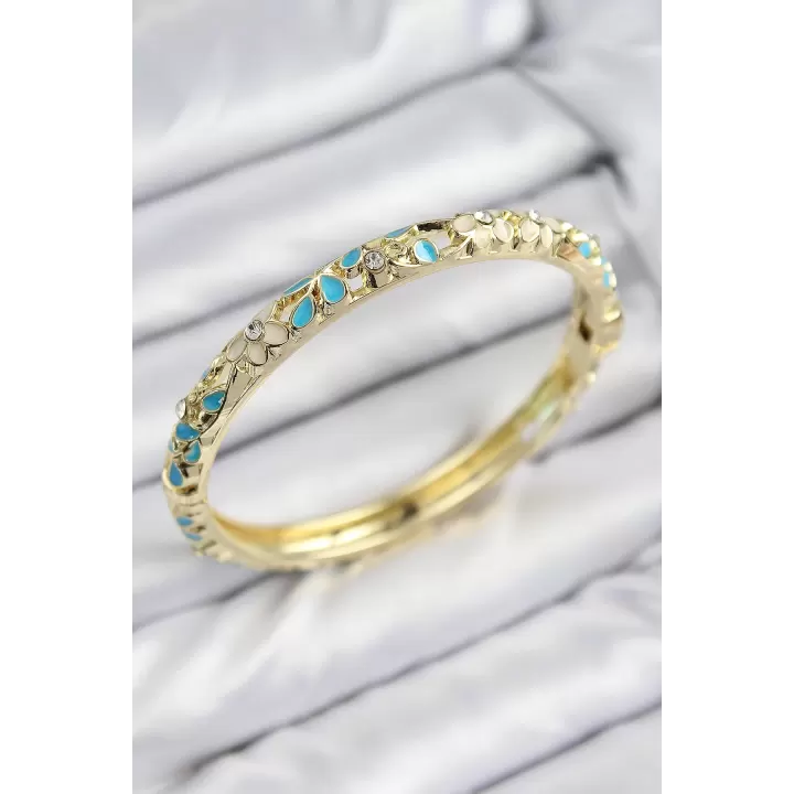 Mineli Pirinç Zirkon Taşlı Turkuaz Krem Çiçek Motifli Gold Kadın Kelepçe