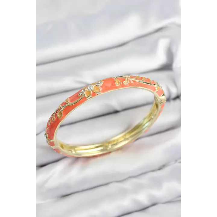 Mineli Pirinç Zirkon Taşlı Turuncu Çiçek Motifli Gold Kadın Kelepçe