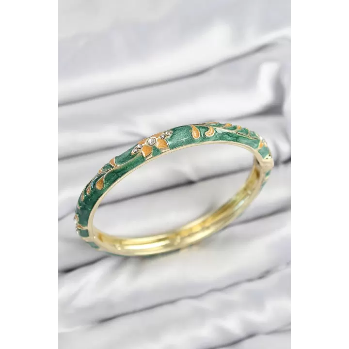 Mineli Pirinç Zirkon Taşlı Yeşil Çiçek Motifli Gold Kadın Kelepçe