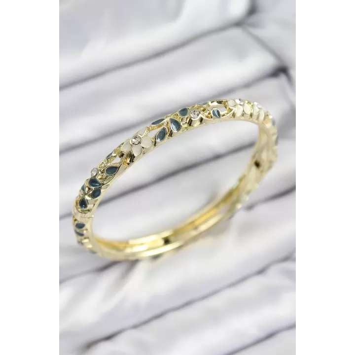 Mineli Pirinç Zirkon Taşlı Yeşil Krem Çiçek Motifli Gold Kadın Kelepçe