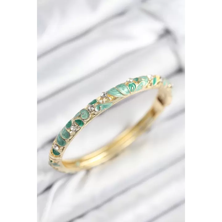 Mineli Pirinç Zirkon Taşlı Zümrüt Yeşili Çiçek Motifli Gold Kadın Kelepçe
