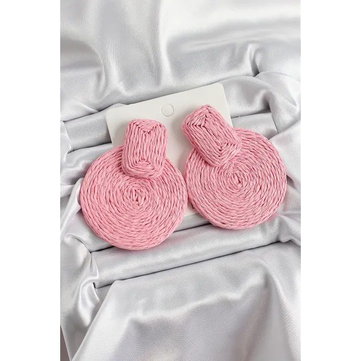 Pembe Daire Figürlü Hasır Örgü Model Gold Renk Kadın Küpe