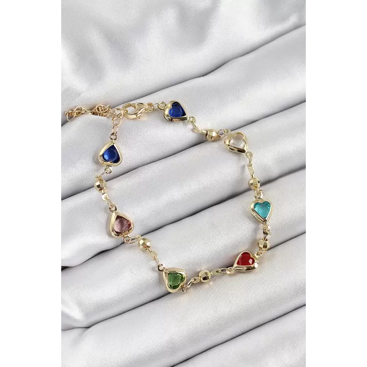 Pirinç Asorti Kalp Model Gold Renk Zirkon Taşlı Kadın Bileklik