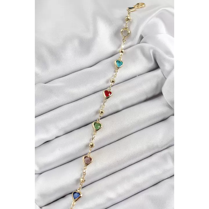 Pirinç Asorti Kalp Model Gold Renk Zirkon Taşlı Kadın Bileklik