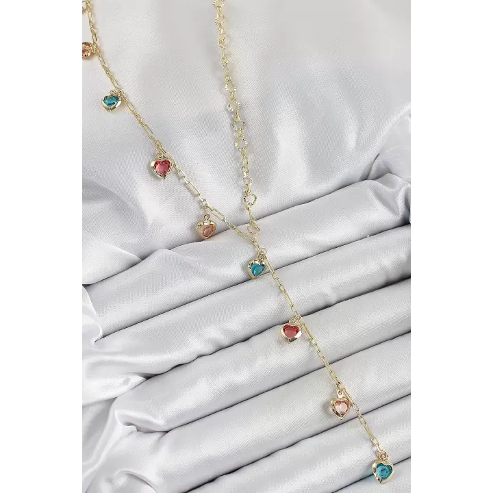 Pirinç Asorti Kalp Model Gold Renk Zirkon Taşlı Y Kolye