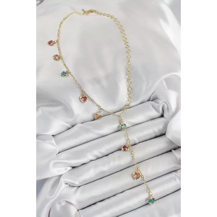 Pirinç Asorti Kalp Model Gold Renk Zirkon Taşlı Y Kolye