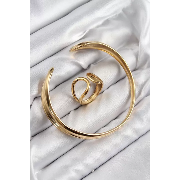 Pirinç Ayrık Model Gold Renk Bileklik Yüzük Set