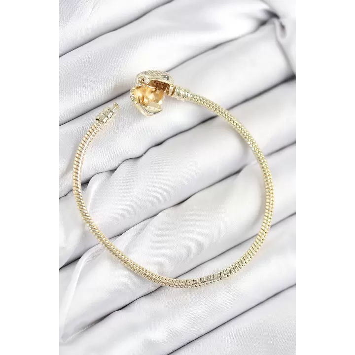 Pirinç Charm Zirkon Taşlı Kalp Model Gold Renk Kadın Bileklik