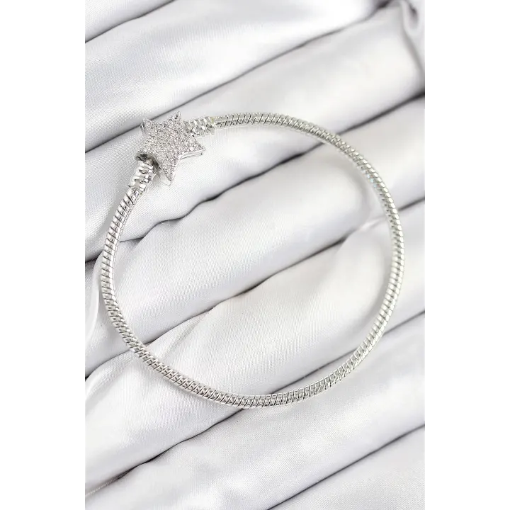 Pirinç Charm Zirkon Taşlı Yıldız Model Gümüş Renk Kadın Bileklik