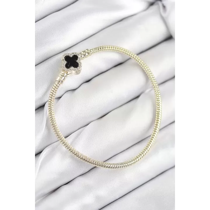 Pirinç Charm Zirkon Taşlı Yonca Model Gold Renk Kadın Bileklik