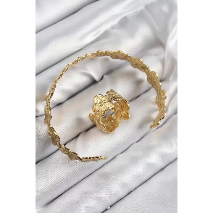 Pirinç Çiçek Model Gold Renk Bileklik Yüzük Set