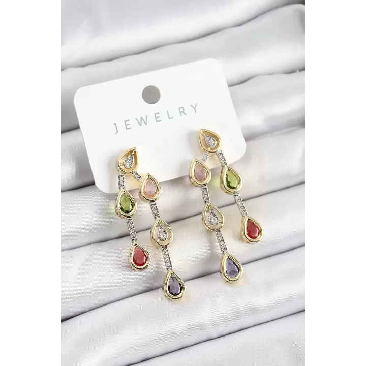 Pirinç Çoklu Damla Model Karşık Zirkon Taşlı Gold Ve Gümüş Renk Kadın Küpe