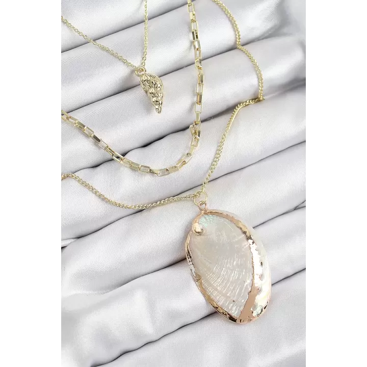 Pirinç Çoklu Zincirli İstiridye Model Gold Renk Kadın Kolye