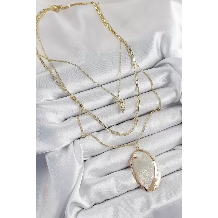 Pirinç Çoklu Zincirli İstiridye Model Gold Renk Kadın Kolye