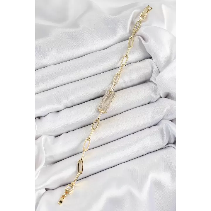 Pirinç  Dikdörtgen Model Zirkon Taşlı Gold Renk VİP Seri Kadın Bileklik