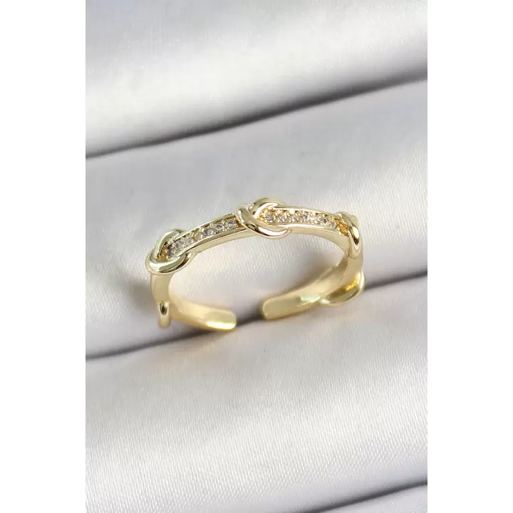 Pirinç Düğüm Figürlü Zirkon Taşlı Gold Renk Ayarlanabilir Kadın Yüzük