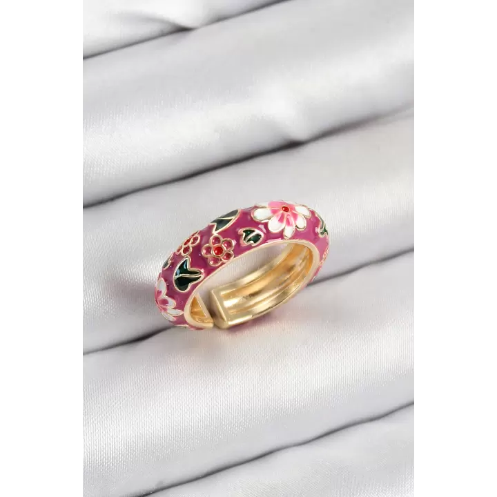 Pirinç Fuşya Mineli Çiçek Motifli Gold Renk Ayarlanabilir Kadın Yüzük