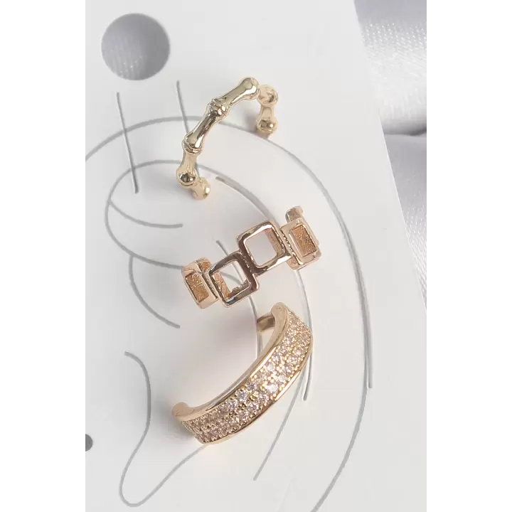 Pirinç Gold Renk Kare Model Zirkon Taşlı 3Lü Model Kadın Kıkırdak Küpe