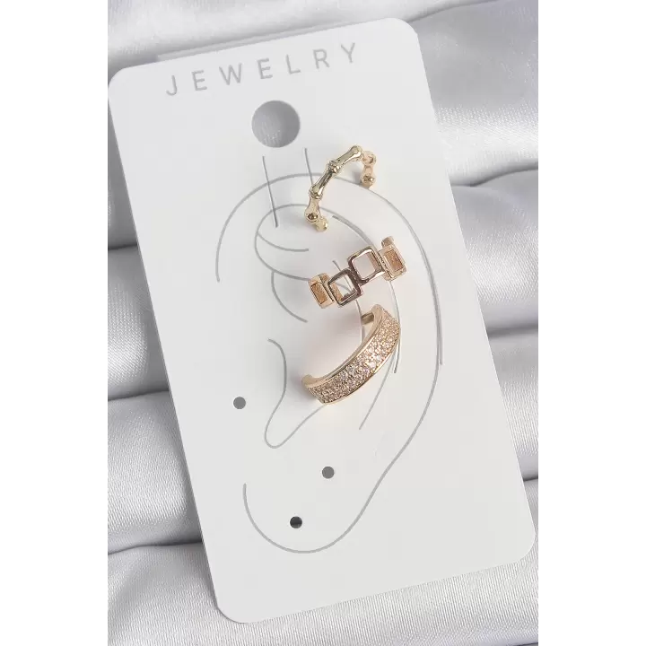 Pirinç Gold Renk Kare Model Zirkon Taşlı 3Lü Model Kadın Kıkırdak Küpe