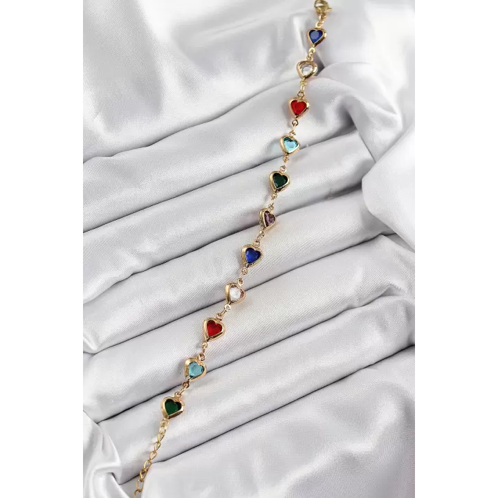 Pirinç Gold Renk Karışık Renk Kalp Zirkon Taşlı Kadın Bileklik