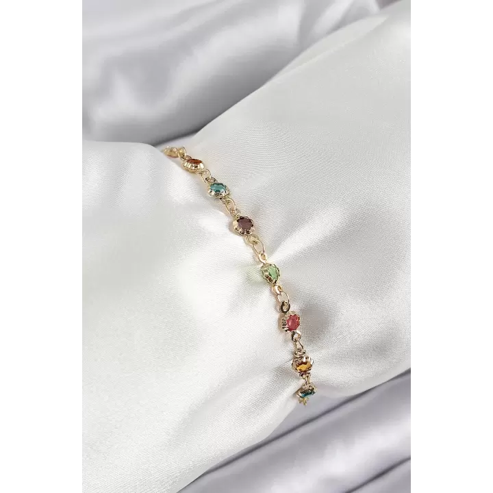 Pirinç Gold Renk Karışık Renkli Zirkon Taşlı Kadın Bileklik