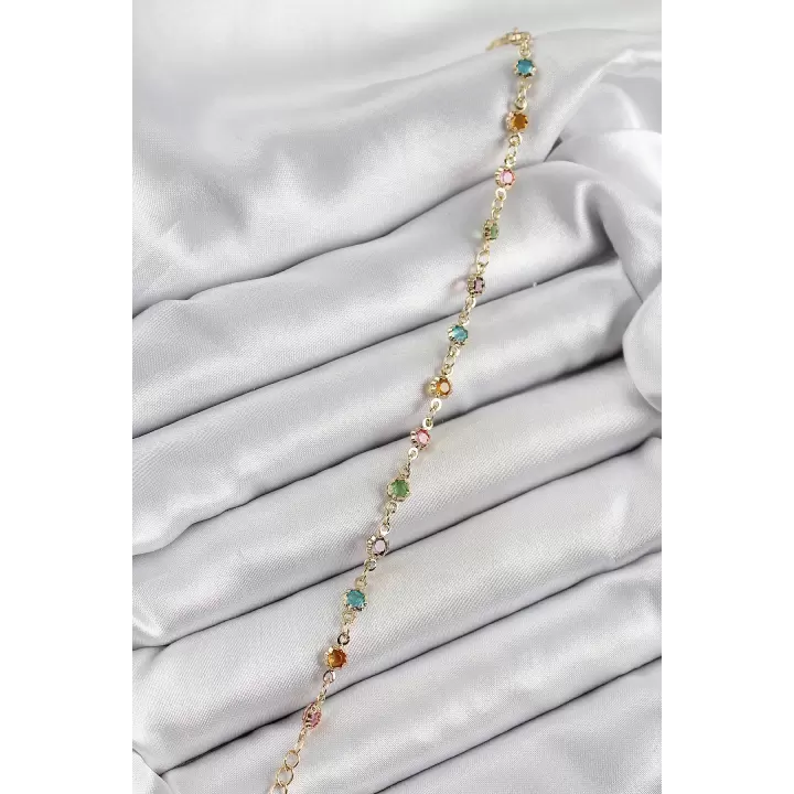 Pirinç Gold Renk Karışık Renkli Zirkon Taşlı Kadın Bileklik