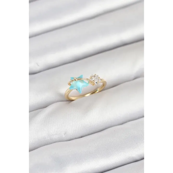 Pirinç Gold Renk Mavi Yıldızlı Model Kadın Yüzük