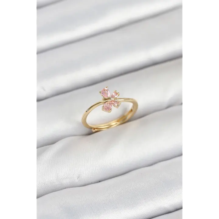 Pirinç Gold Renk Pembe Kelebek Kadın Yüzük