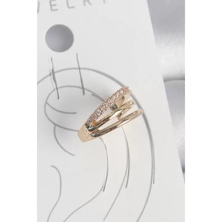 Pirinç Gold Renk Zirkon Taşlı 3Lü Sıralı Model Kadın Kıkırdak Küpe