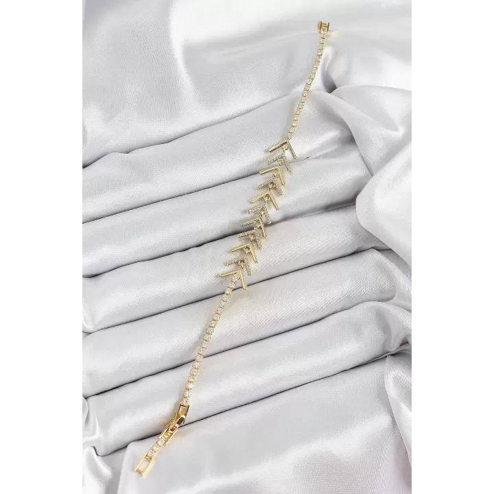 Pirinç Gold Renk Zirkon Taşlı Balık Sırtı Kadın Bileklik