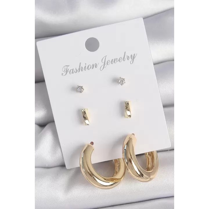 Pirinç Gold Renk Zirkon Taşlı Halka Model 3 Çift Kadın Küpe Seti