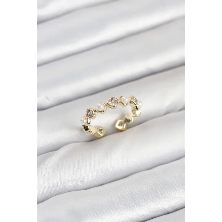 Pirinç Gold Renk Zirkon Taşlı İncili Kadın Yüzük