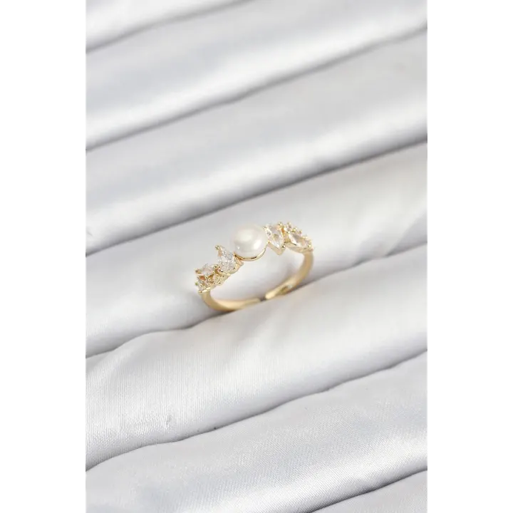 Pirinç Gold Renk Zirkon Taşlı İncili Model Kadın Yüzük