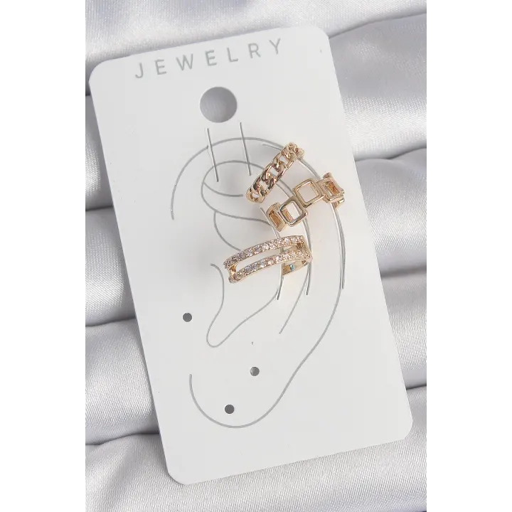 Pirinç Gold Renk Zirkon Taşlı Kare Zincir Model Kadın Kıkırdak Küpe