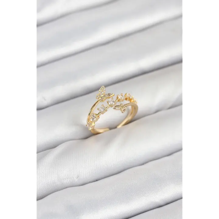 Pirinç Gold Renk Zirkon Taşlı Kelebek Model Kadın Yüzük