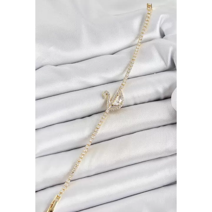 Pirinç Gold Renk Zirkon Taşlı Kuğu Model Kadın Bileklik