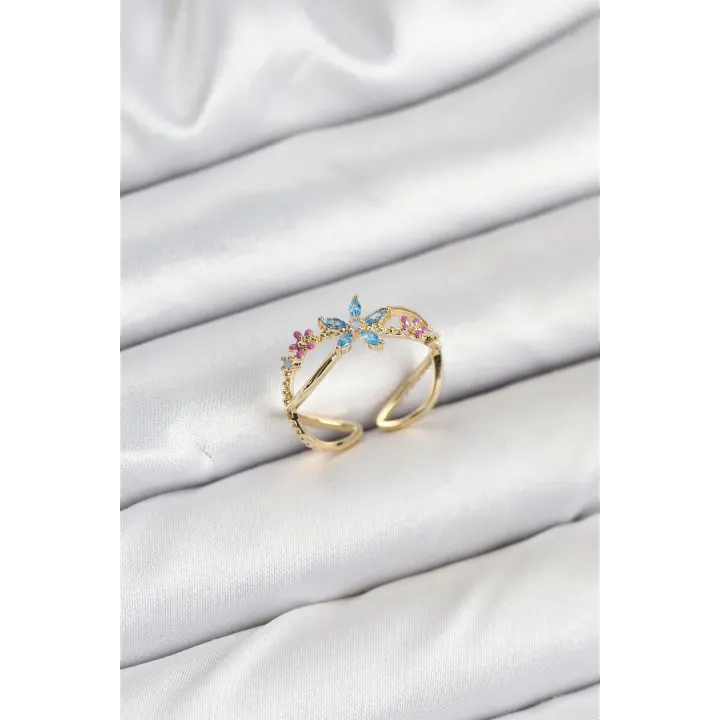 Pirinç Gold Renk Zirkon Taşlı Mavi Çiçekli Kadın Yüzük