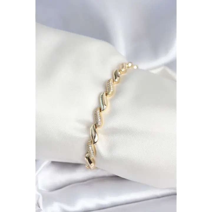 Pirinç Gold Renk Zirkon Taşlı Sarmal Model Kadın Bileklik
