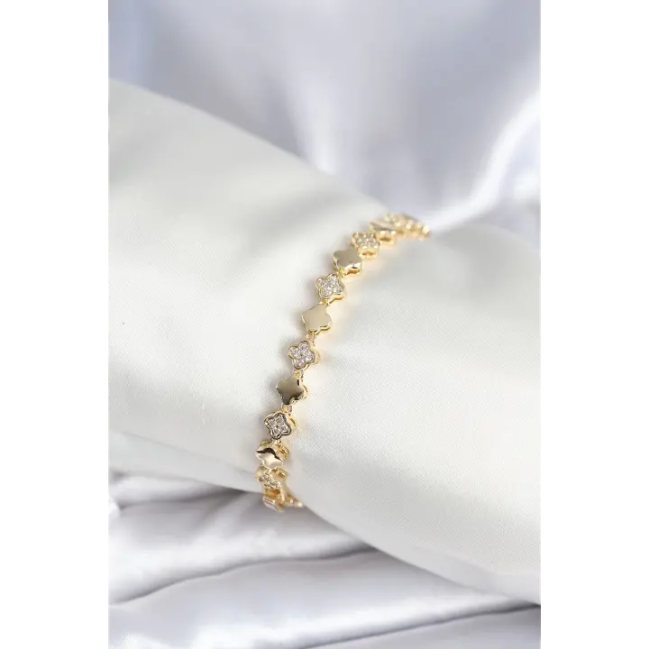 Pirinç Gold Renk Zirkon Taşlı Yonca Model Kadın Bileklik
