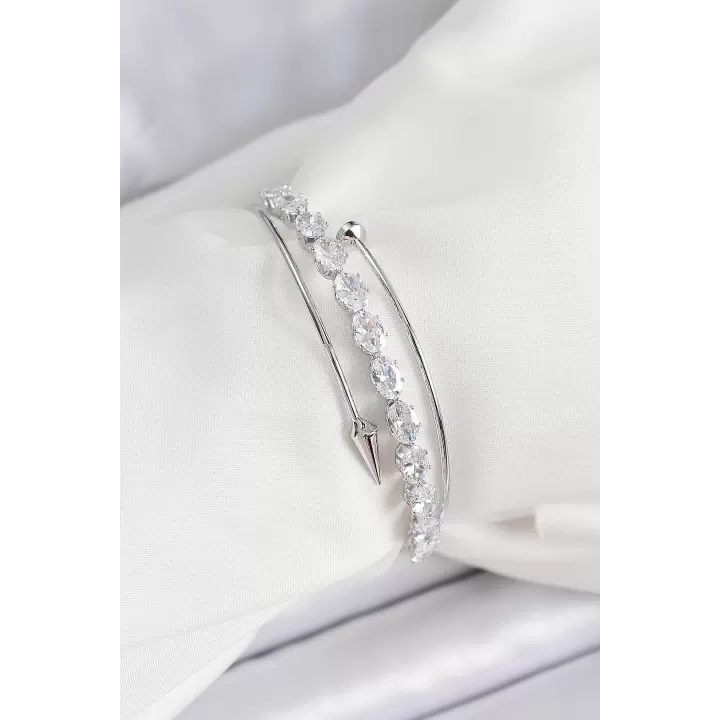 Pirinç Gümüş Renk Arpa Zirkon Taşlı Kadın Bileklik