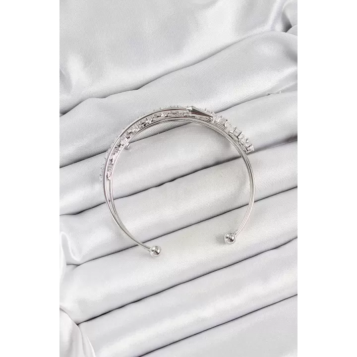 Pirinç Gümüş Renk Arpa Zirkon Taşlı Kadın Bileklik