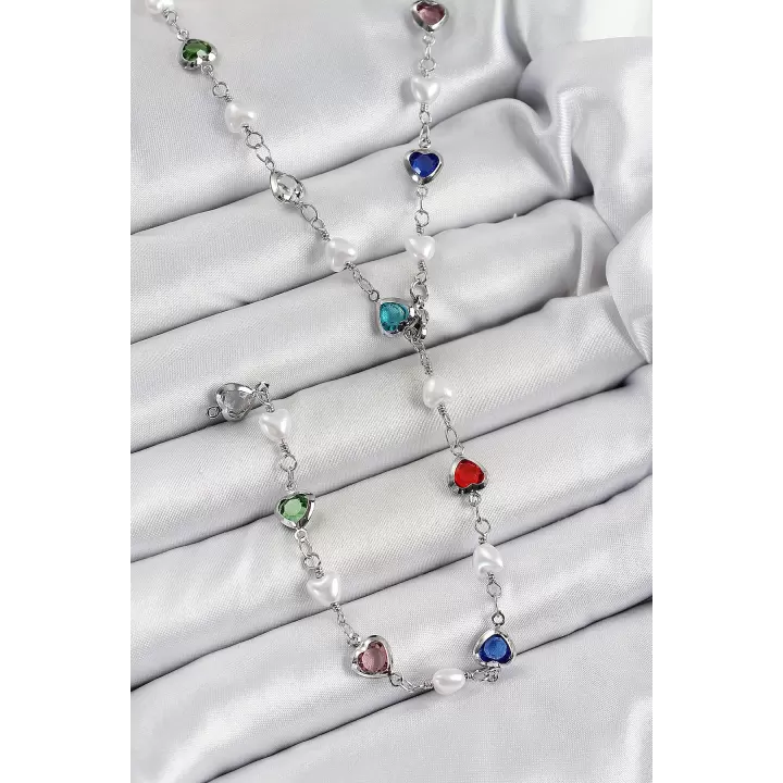 Pirinç Gümüş Renk İncili Zirkon Taşlı Kalpli Y Kadın Kolye