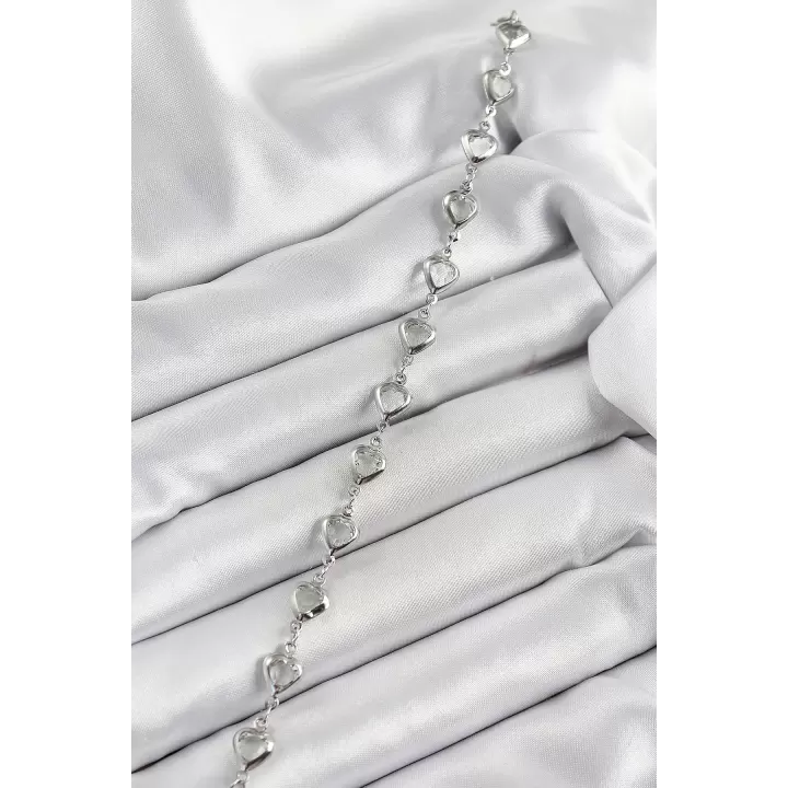 Pirinç Gümüş Renk Kalp Zirkon Taşlı Kadın Bileklik