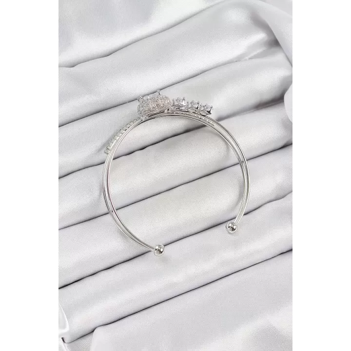 Pirinç Gümüş Renk Kalpli Zirkon Taşlı Kadın Bileklik